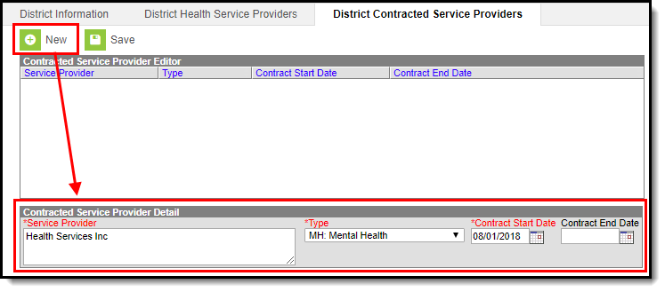 Screenshot of adding a new District Contracted Service Provider by selecting the New button near the top of the screen.  