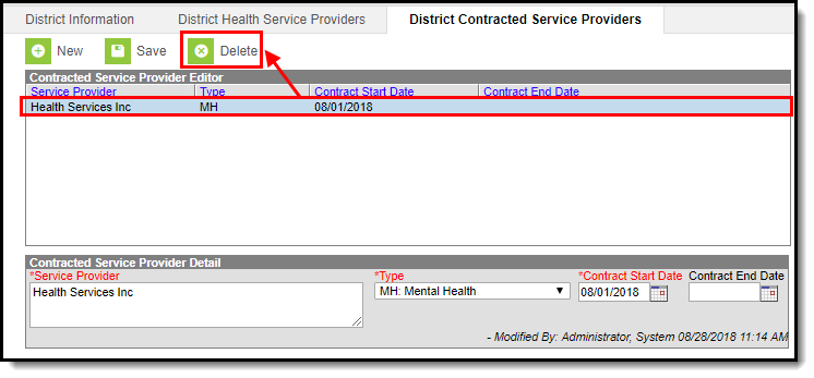 Screenshot of removing a District Contracted Service Provider by selecting the Delete button near the top of the screen.  