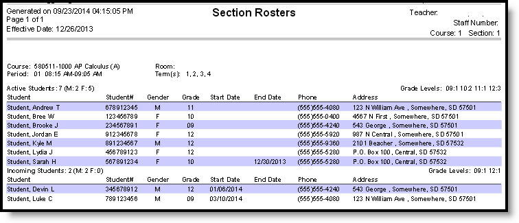 Screenshot of an example of the roster report. 