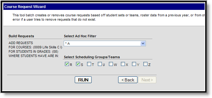 Screenshot of course requests being created using an Ad hoc set and scheduling team.