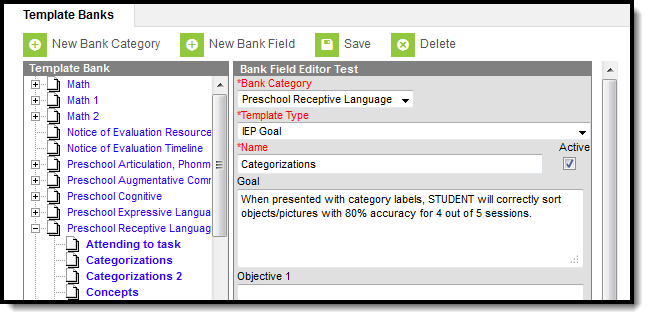 Screenshot of the Special Ed Template Banks tool.