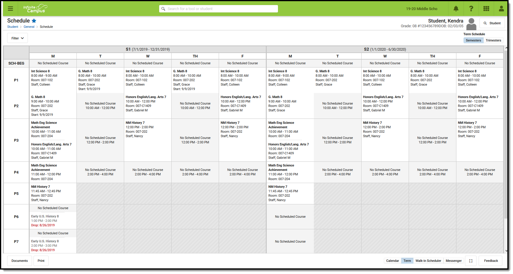 Screenshot of the student schedule. 