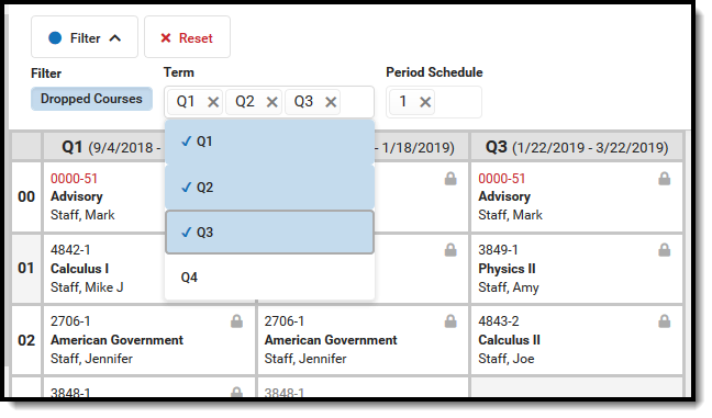 Screenshot of the Term and Period Schedules selection