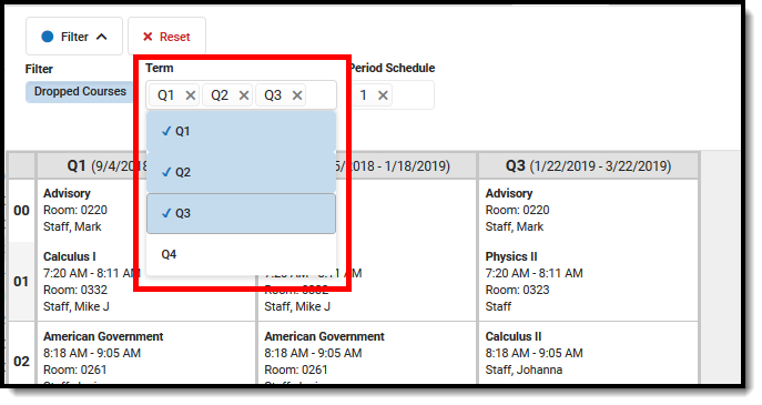 Screenshot of the Term and Period Schedule Selection