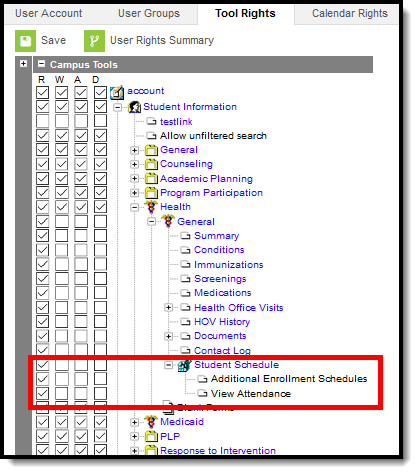 Screenshot of the Student Schedule tool rights