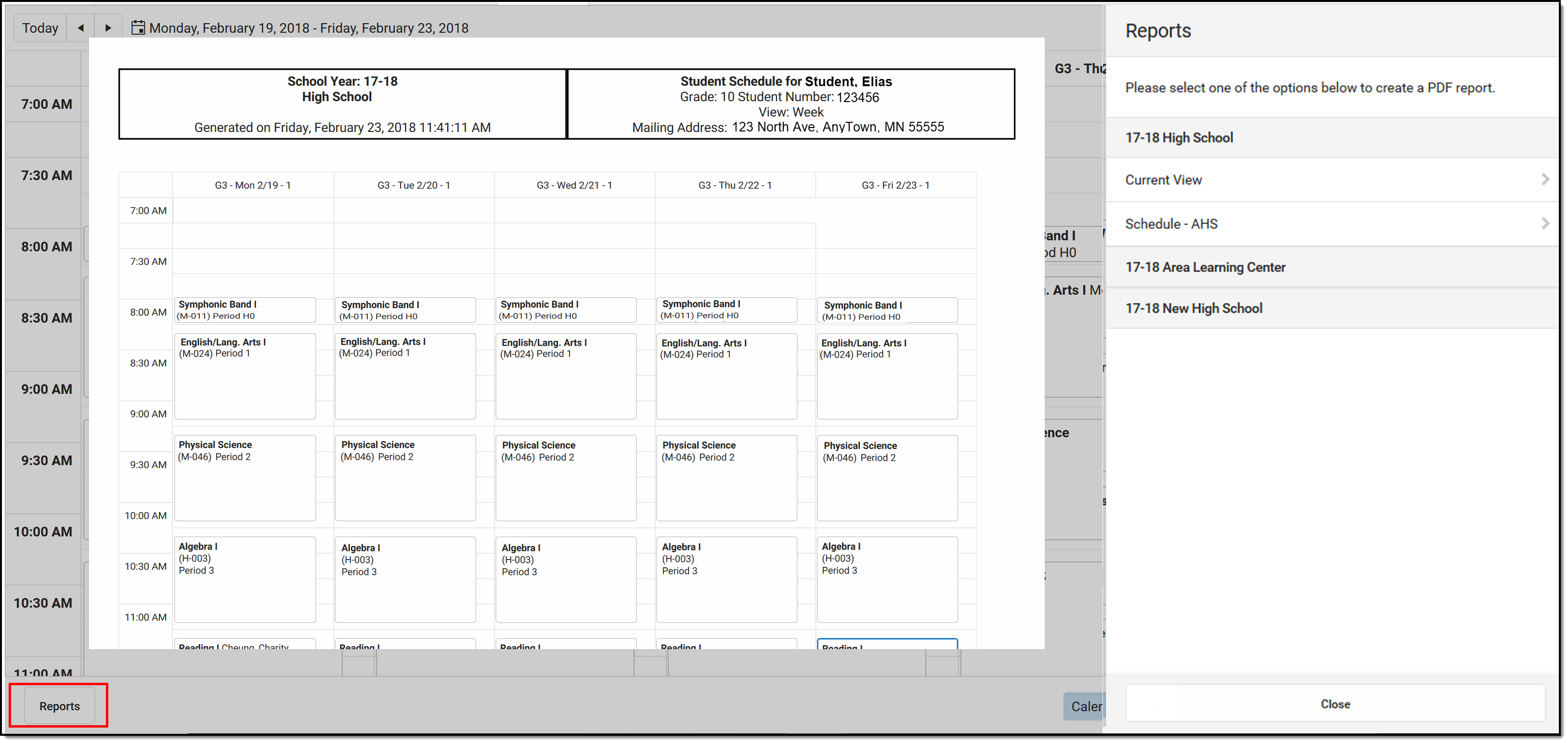 Screenshot of the available schedule reports. 