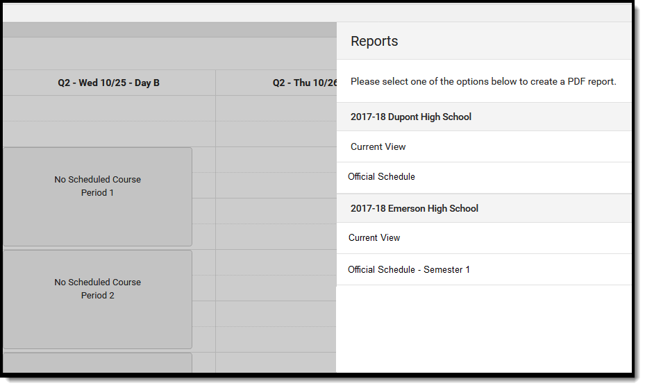 Screenshot of the available reports. 