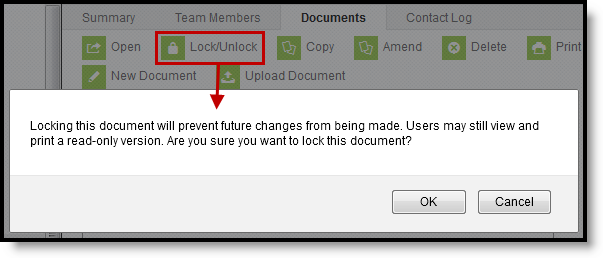 Screenshot of a warning message for locking a document.