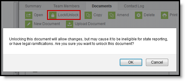 Image warning message for unlocking a document