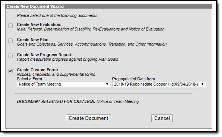 Image of the Create New Document Wizard