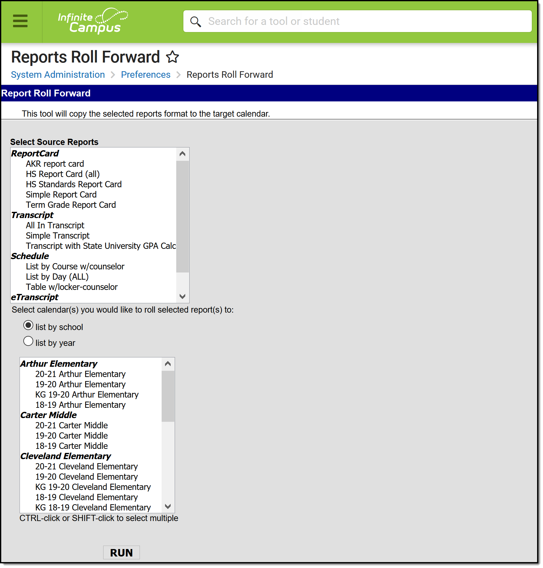 Screenshot of reports roll forward