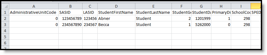 Screenshot of the CSV format of the Student Participation End of Year Report. 