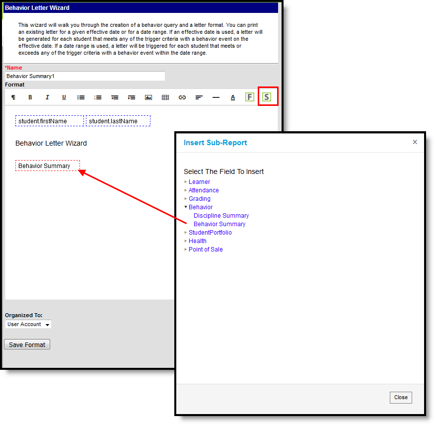 Screenshot of the behavior sub-report options. 