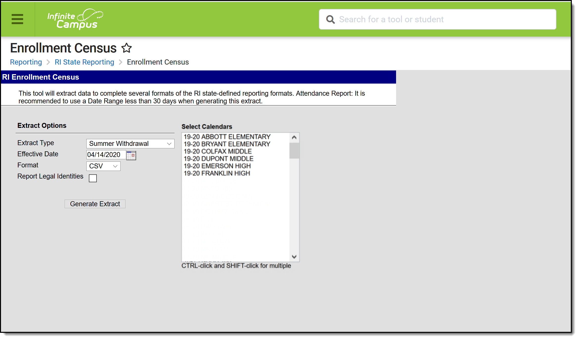 Screenshot of the Enrollment Census Summer Withdrawal Extract editor.