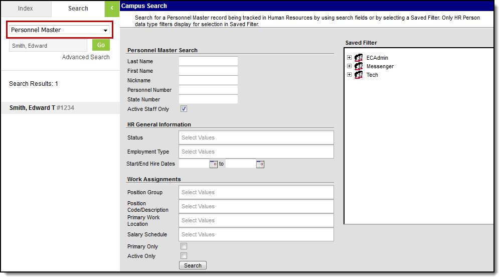 Screenshot of Search side panel and advanced Personnel Master search fields.