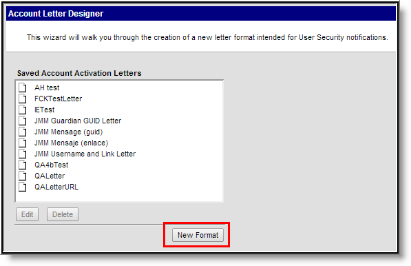 Screenshot of the account letter designer editor highlighting the new format button. 