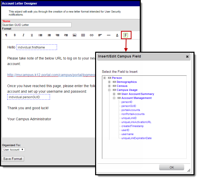 screenshot showing how to insert a campus field into a letter