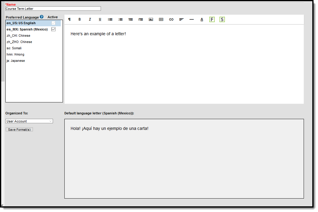 screenshot of an example of the letter designer when the preferred language is spanish. 