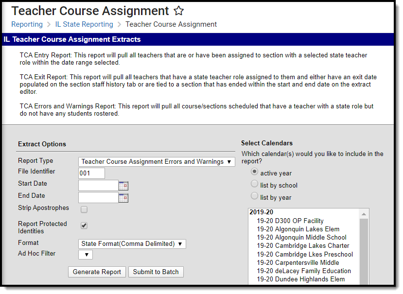 Screenshot of the Teacher Course Assignment Errors and Warnings Extract Editor