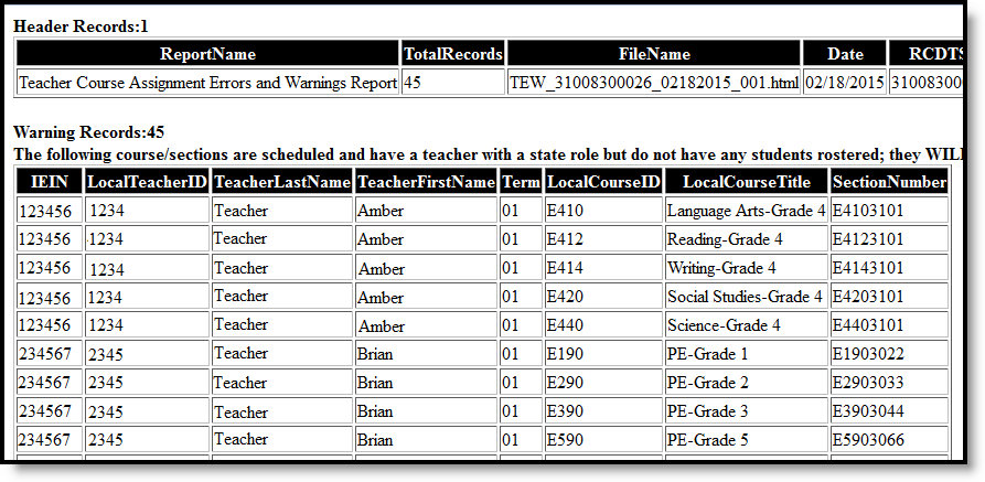 Screenshot of a sample Errors and Warnings Report in HTML Format
