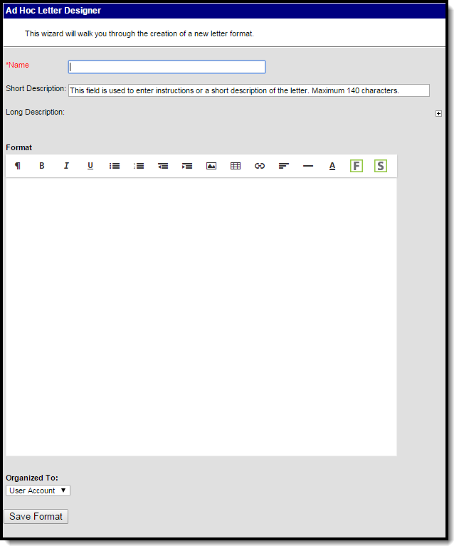 screenshot of the letter format editor