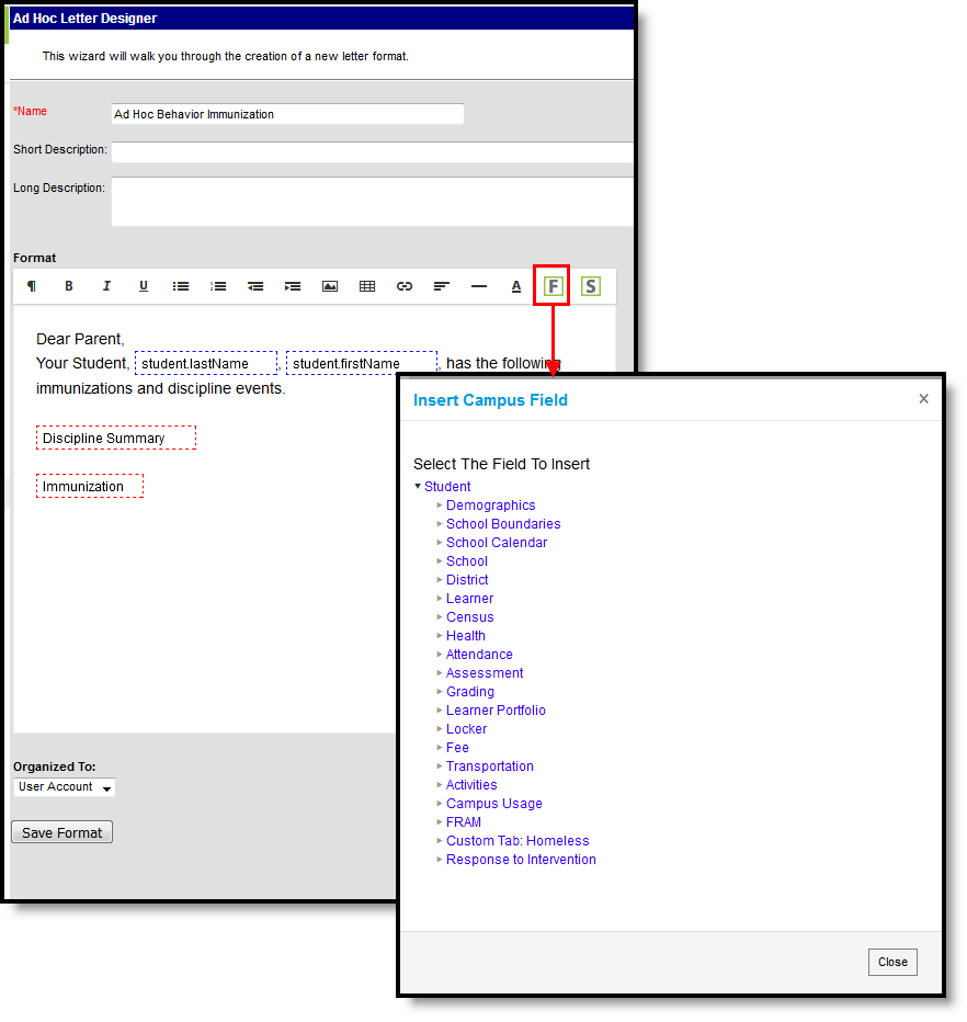 screenshot showing the button users select to insert campus fields