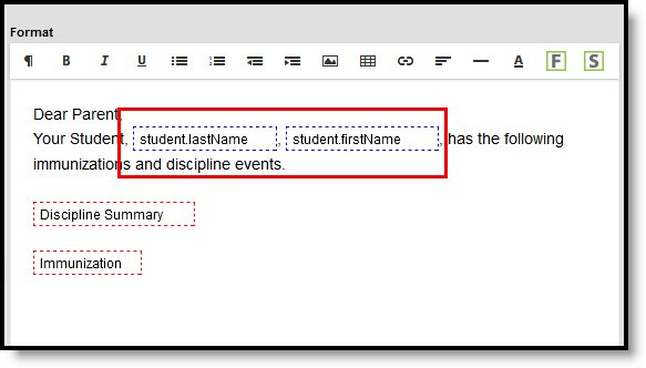 screenshot highlighting campus fields added to a letter