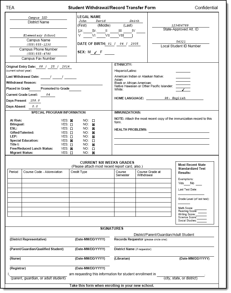 Example of the Student Withdrawal/Record Transfer Form.