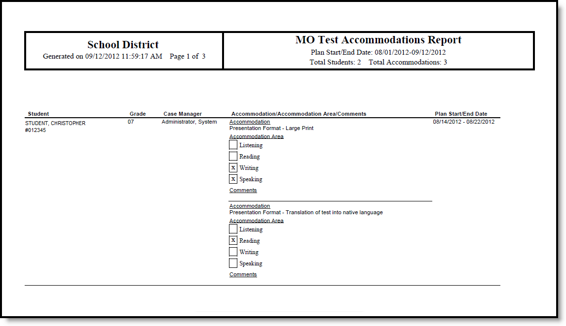 Screenshot of a Test Accommodation Report PDF Example.