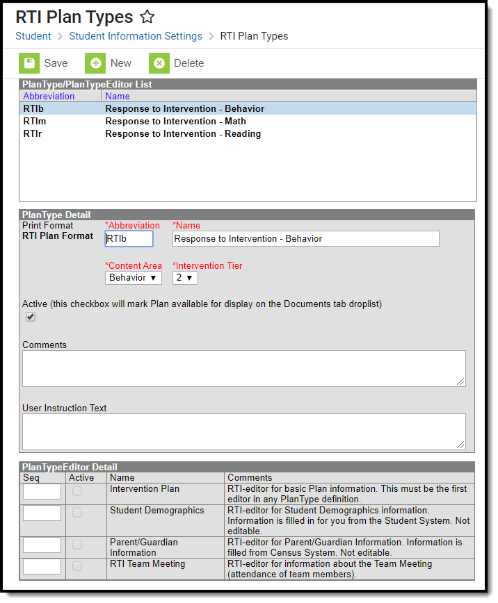 Screenshot of editor where RTI Plan Type sections are selected and sequenced.