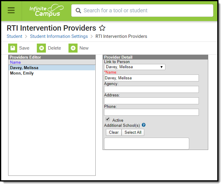 Screenshot of the RTI intervention provider tool.