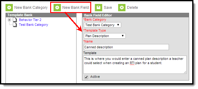 Screenshot of Bank Field editor with Template Type emphasized.