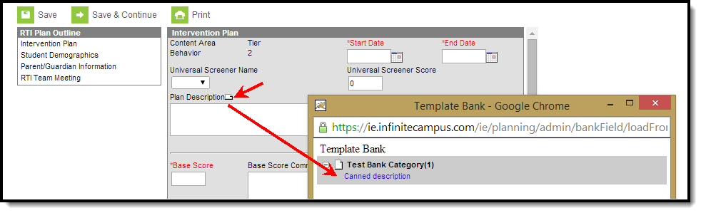 Screenshot of Intervention Plan with Plan Description Template Bank expanded.