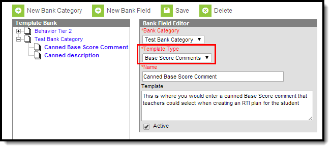 Screenshot of Bank Field Editor with Template Type selected and all fields populated.