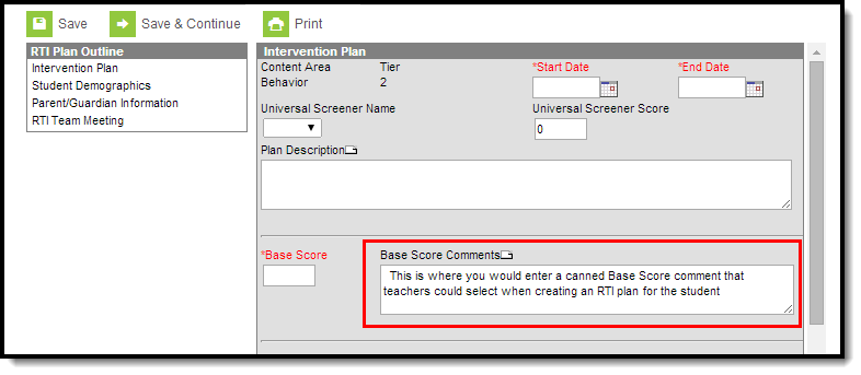 Screenshot of Base Score Comments entered using template selected.