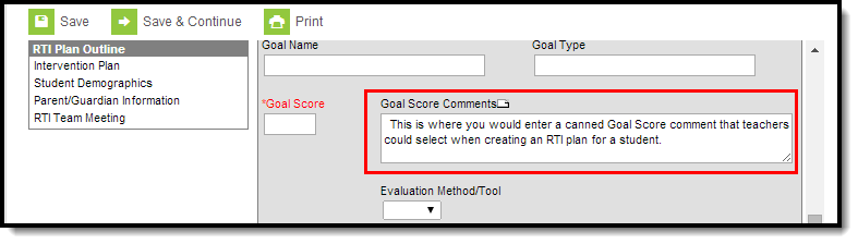 Screenshot of what appears in a text box when a goal score template is selected.