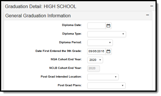 Image of the General Graduation Information Fields.