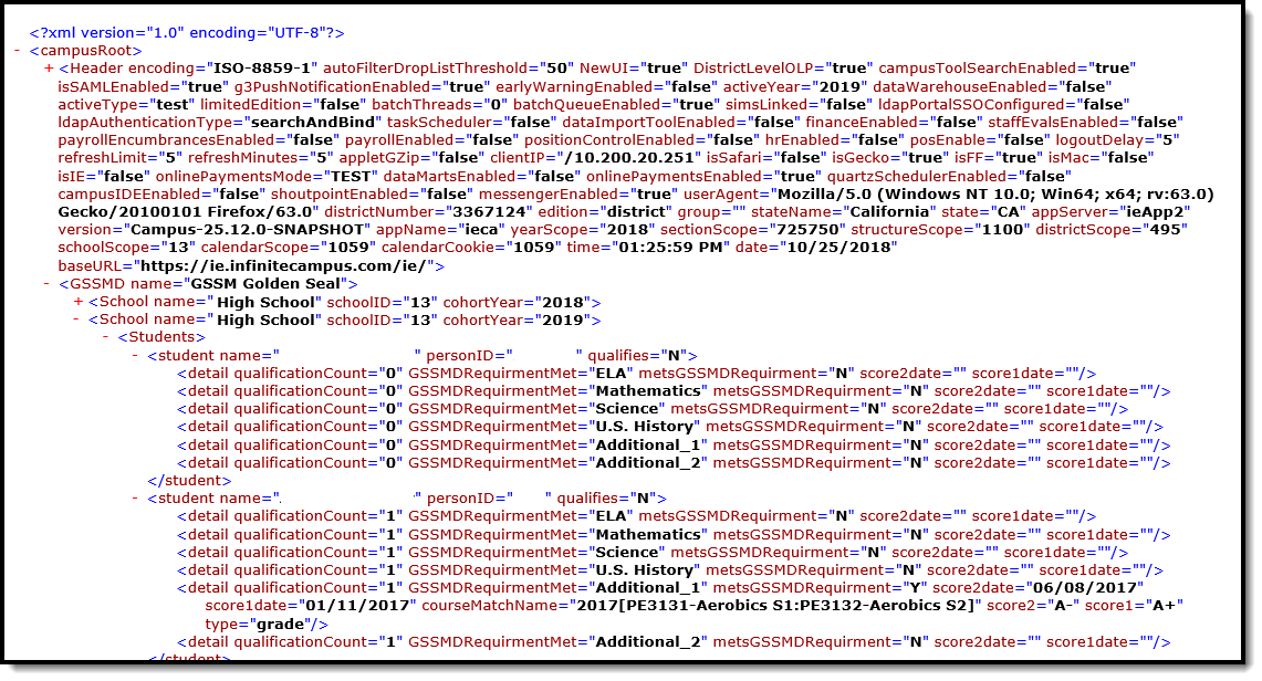 Screenshot of an example of the GSSM report in XML format. 