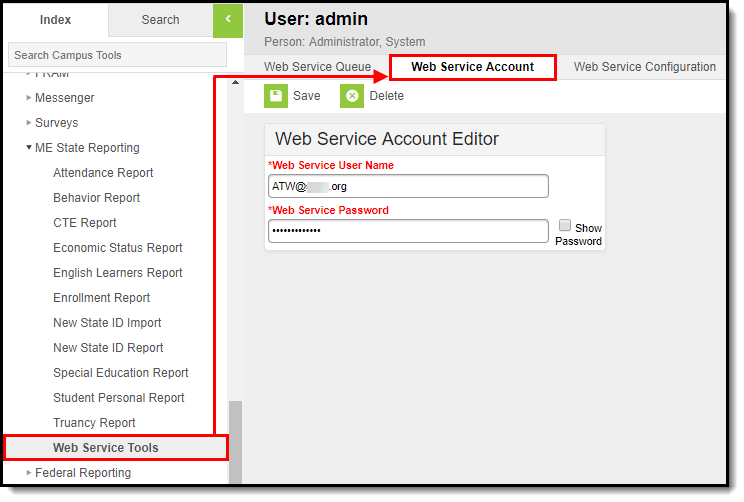 Screenshot of Web Service Tools highlighting the Web Service Account Editor. 
