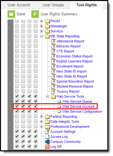 Screenshot of the Tool Rights editor highlighting the Web Service Account Section. 