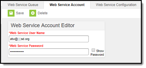 Screenshot of the Web Service Account Credentials screen. 