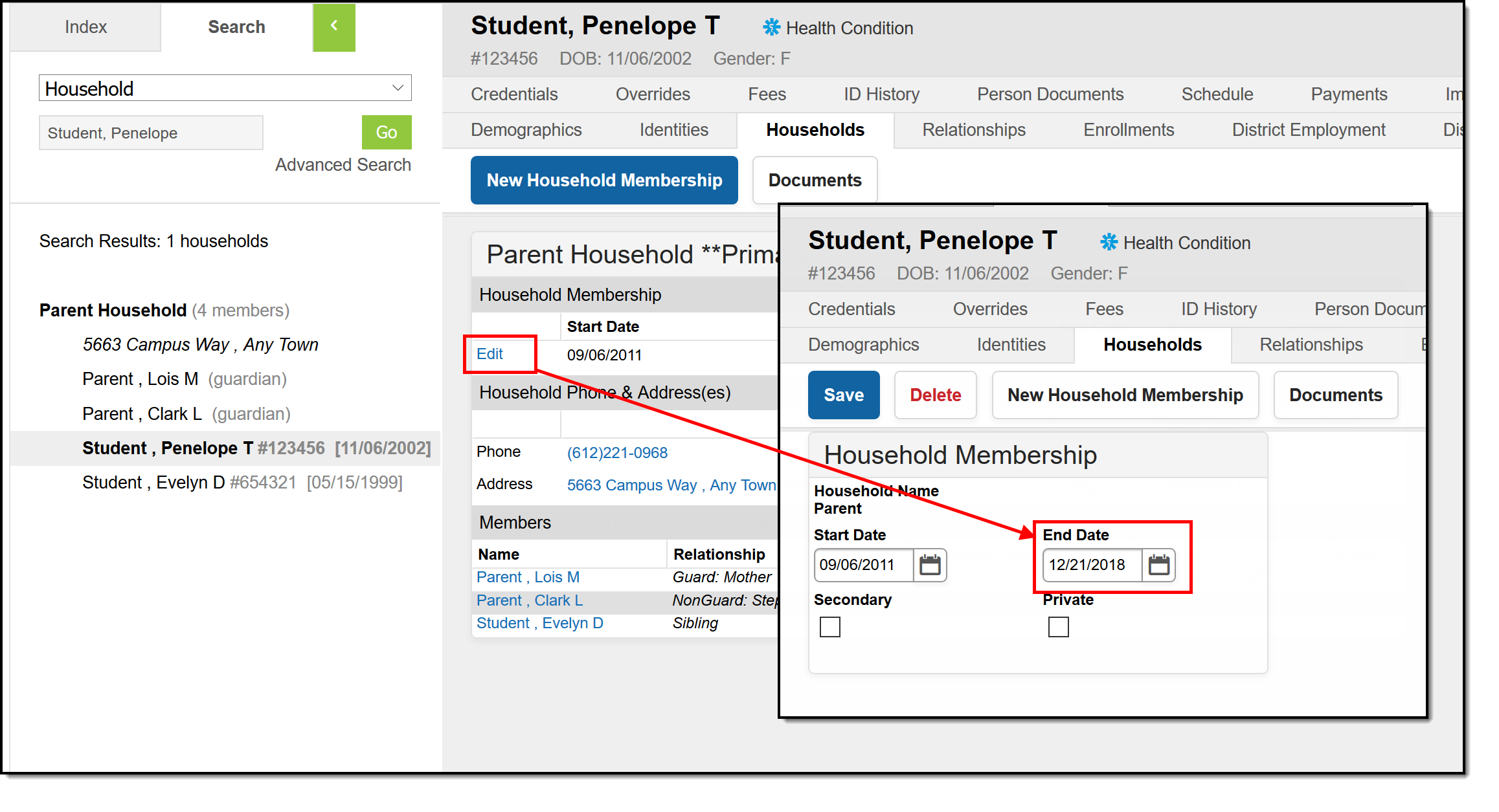 Screenshots of the Demographics tab with the Edit link highlighted and the Households tab with the End Date field highlighted.