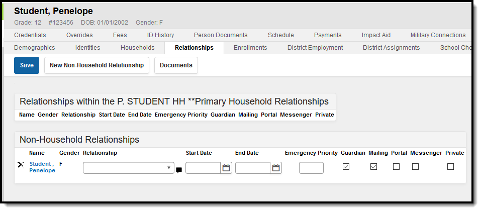 Screenshot of the Relationships tab for an emancipated student with no relationship label.