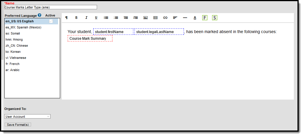 Screenshot of Course Mark Summary Letter Format Editor.