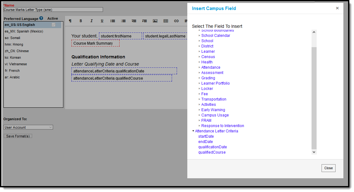 Screenshot of Course Mark Summary Letter Format with Campus Fields.