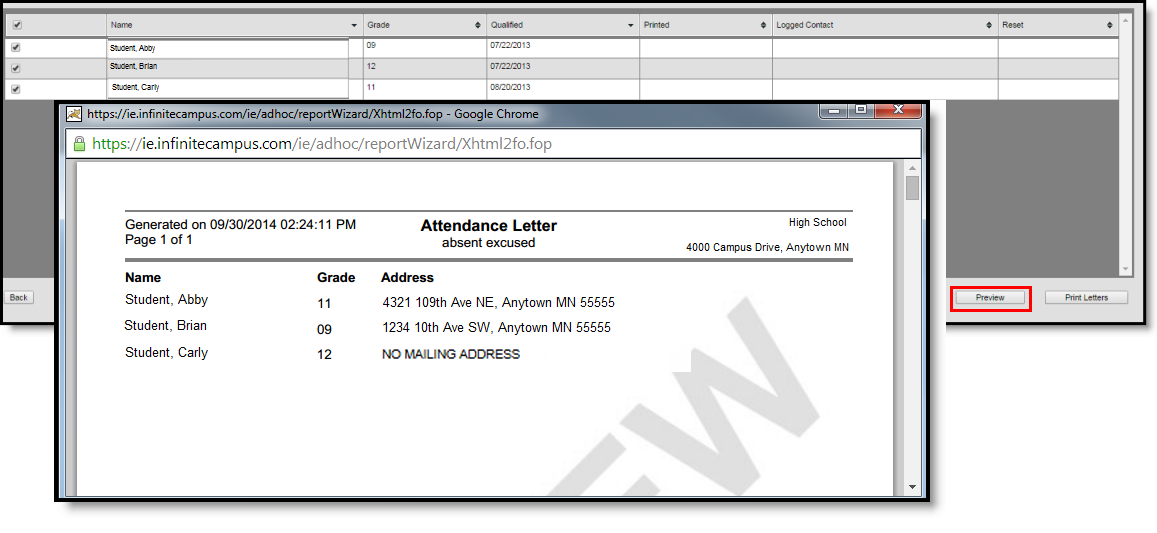 Screenshot showing students who have no mailing address.