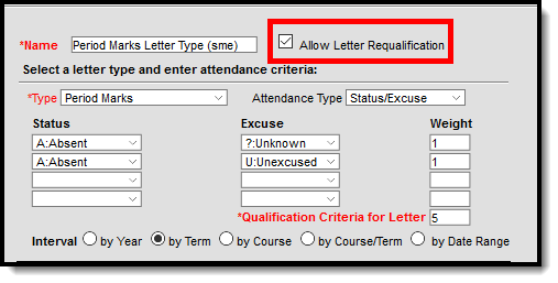 Screenshot showing the Allow Letter Requalification checkbox marked. 