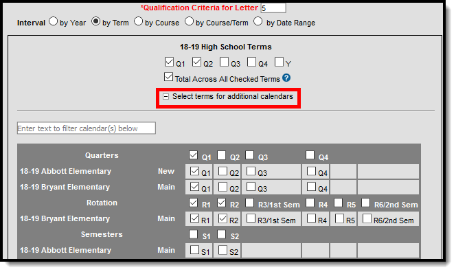 Screenshot showing Select terms for additional calendars checkbox. 
