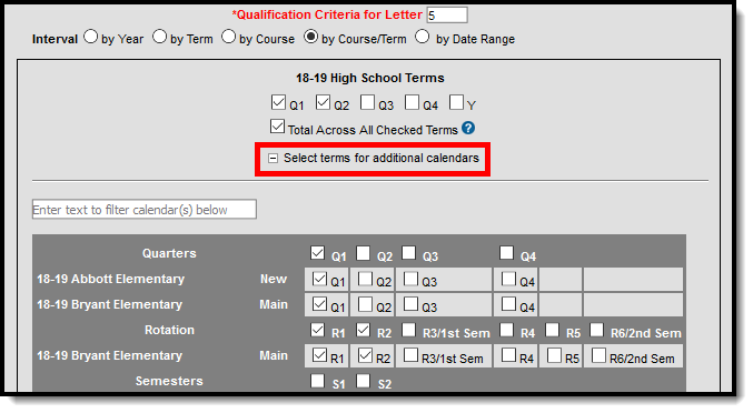 Screenshot showing Select terms for additional calendars checkbox.