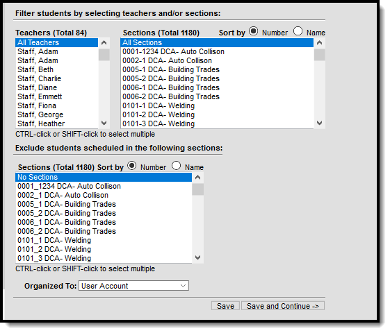 Screenshot of Exclude Sections options.